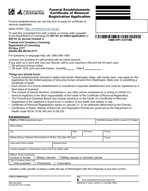 Form FE-653-007 Funeral Establishments Certificate of Removal Registration Application - Washington