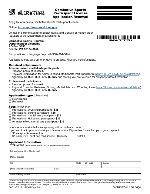 Form PA-611-016 Combative Sports Participant License Application/Renewal - Washington
