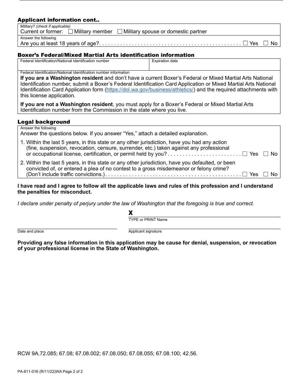 Form PA-611-016 Combative Sports Participant License Application / Renewal - Washington, Page 2