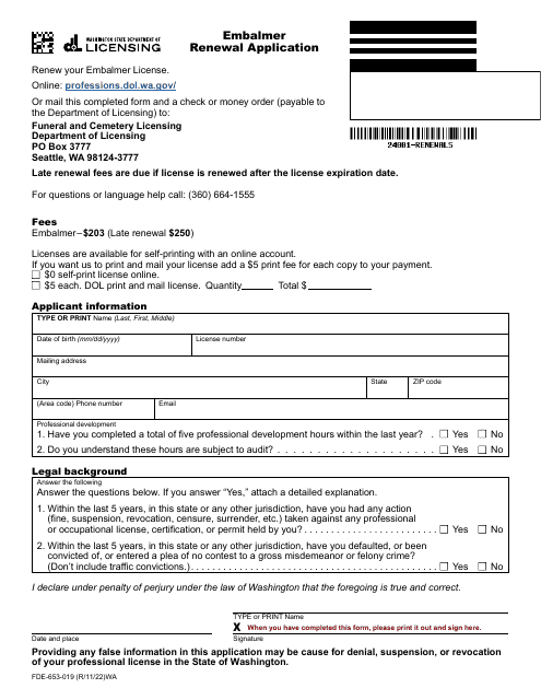 Form FDE-653-019 Embalmer Renewal Application - Washington
