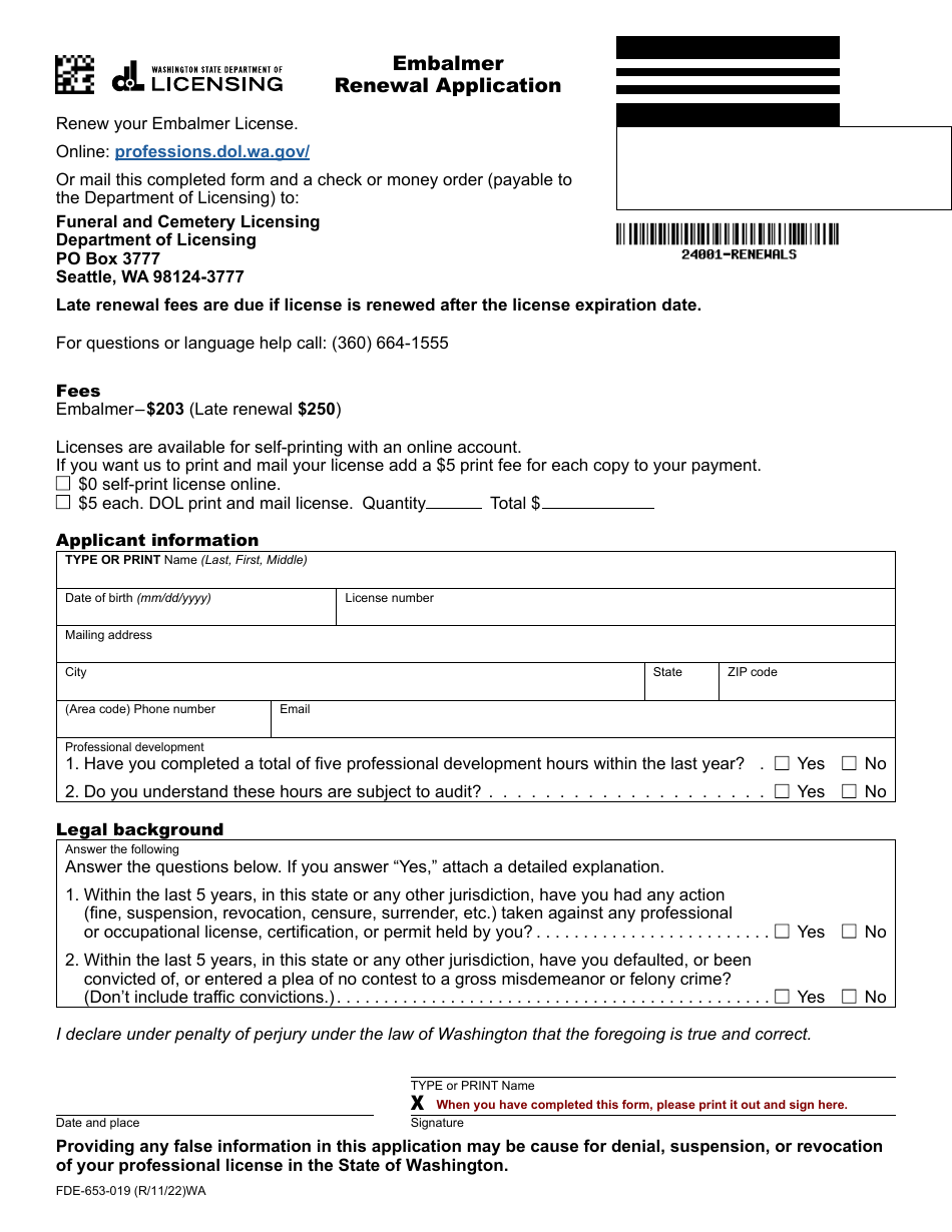 Form FDE-653-019 Embalmer Renewal Application - Washington, Page 1