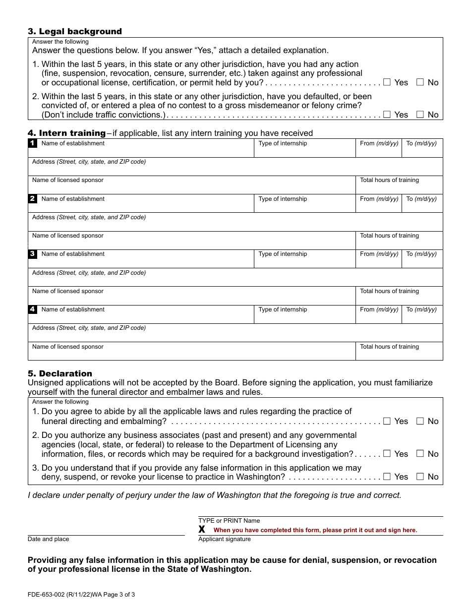 Form FDE-653-002 Funeral Director / Embalmer License Application - Washington, Page 3