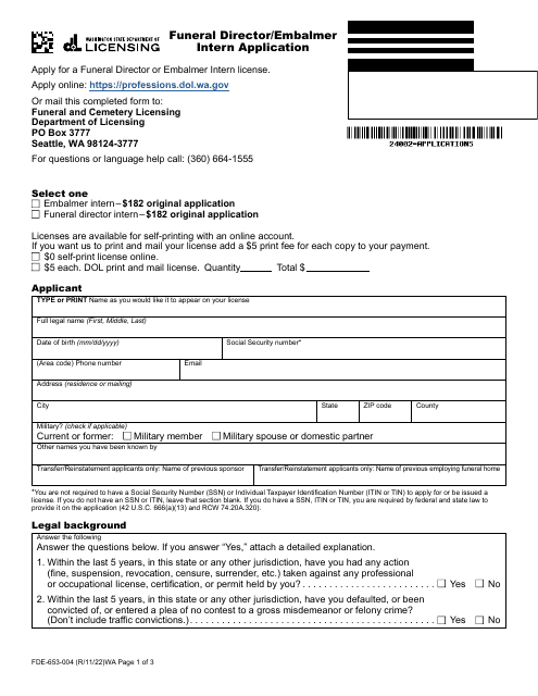 Form FDE-653-004 Funeral Director/Embalmer Intern Application - Washington