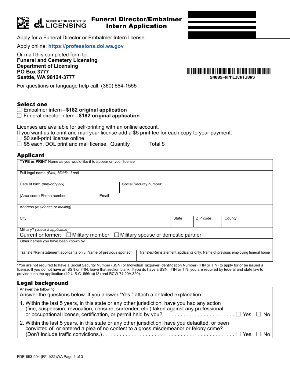 Form FDE-653-004 Funeral Director / Embalmer Intern Application - Washington, Page 1