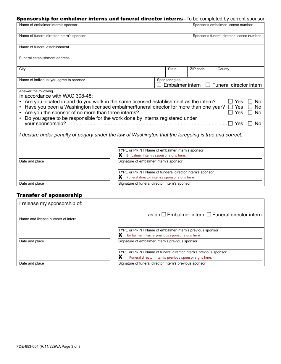 Form FDE-653-004 Funeral Director / Embalmer Intern Application - Washington, Page 3