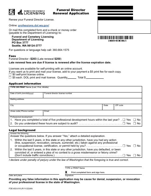 Form FDE-653-018  Printable Pdf