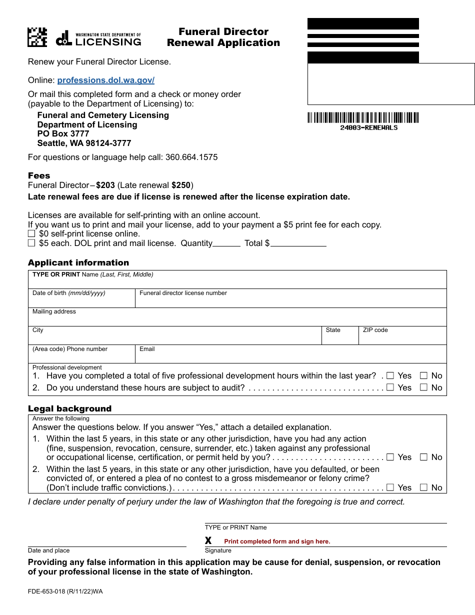 Form FDE653018 Download Fillable PDF or Fill Online Funeral Director
