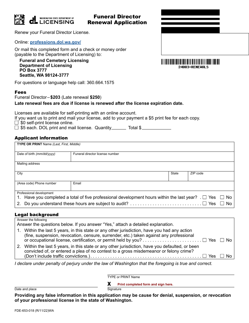 Form FDE-653-018 Funeral Director Renewal Application - Washington, Page 1