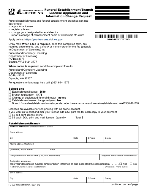 Form FE-653-009 Funeral Establishment/Branch License Application and Information Change Request - Washington