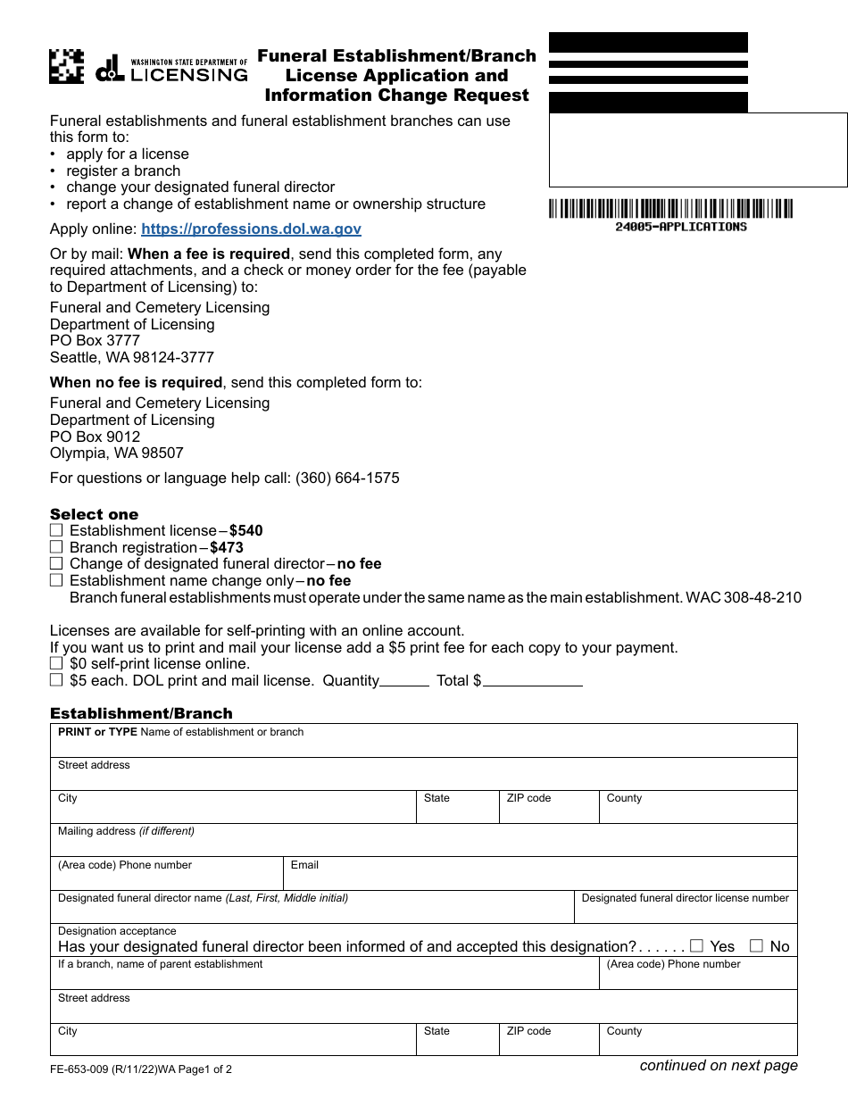 Form FE-653-009 Funeral Establishment / Branch License Application and Information Change Request - Washington, Page 1