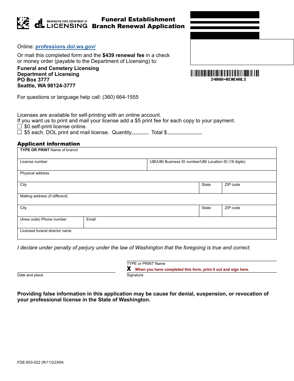 Form FDE-653-022 Funeral Establishment Branch Renewal Application - Washington, Page 1
