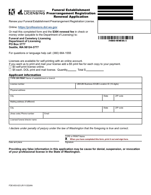 Form FDE-653-023  Printable Pdf