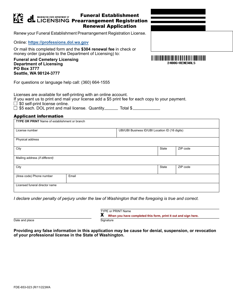 Form FDE-653-023 Funeral Establishment Prearrangement Registration Renewal Application - Washington, Page 1