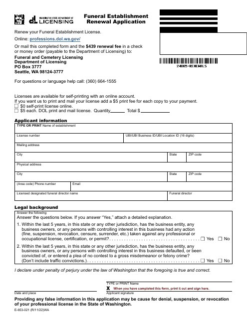 Form E-653-021 Funeral Establishment Renewal Application - Washington