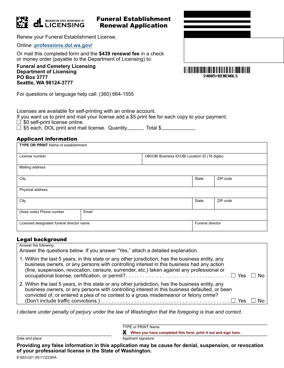 Form E-653-021 Funeral Establishment Renewal Application - Washington, Page 1