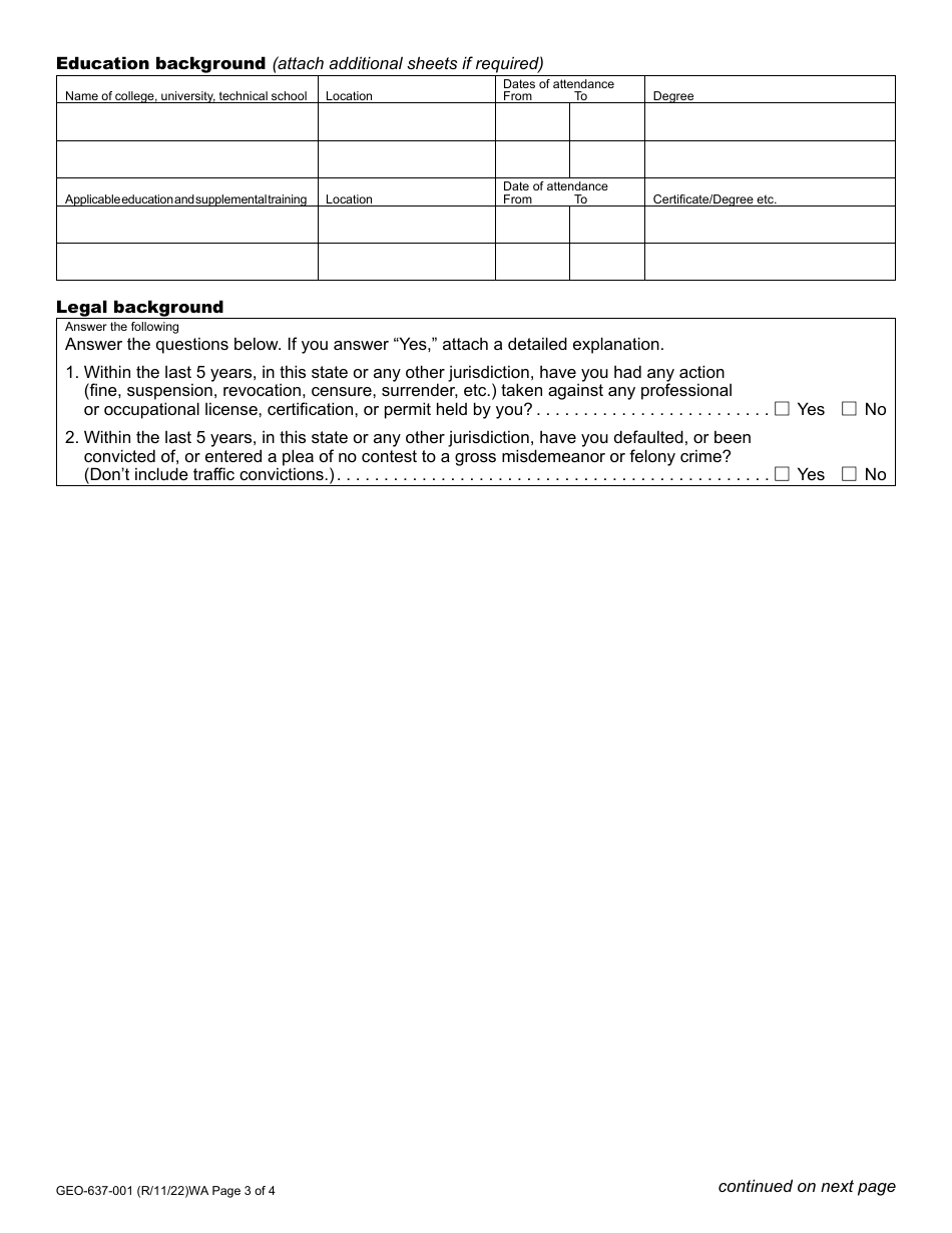 Form GEO-637-001 Geologist License Application - Washington, Page 3
