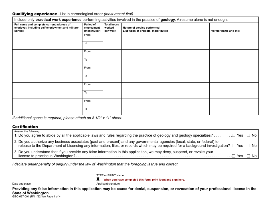Form GEO-637-001 Geologist License Application - Washington, Page 4