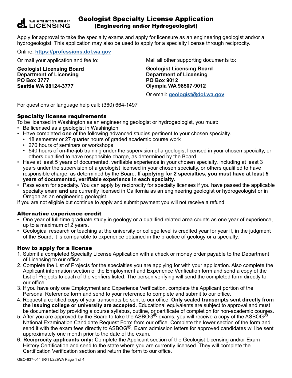 Form GEO-637-011 Geologist Specialty License Application (Engineering and / or Hydrogeologist) - Washington, Page 1