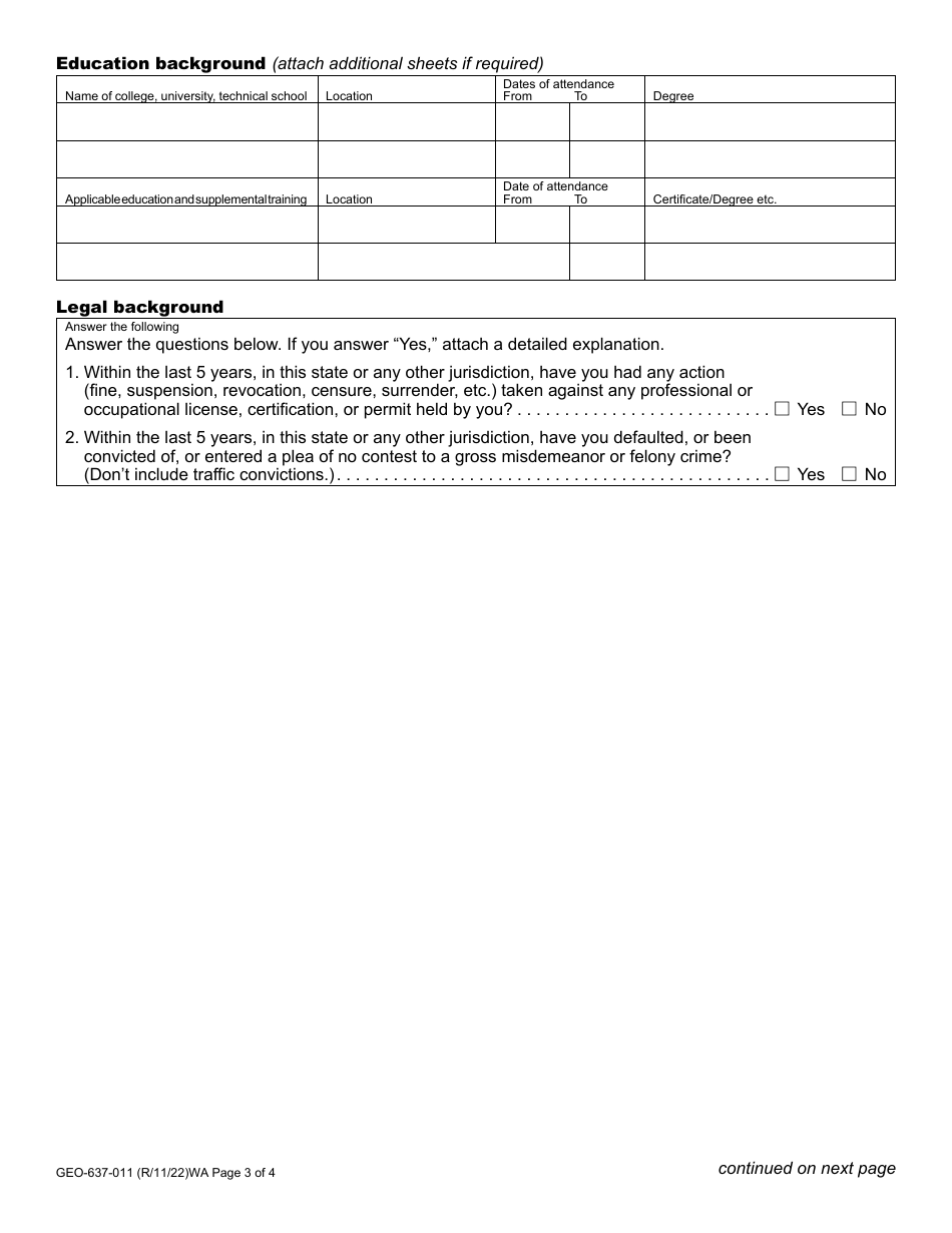 Form GEO-637-011 Geologist Specialty License Application (Engineering and / or Hydrogeologist) - Washington, Page 3