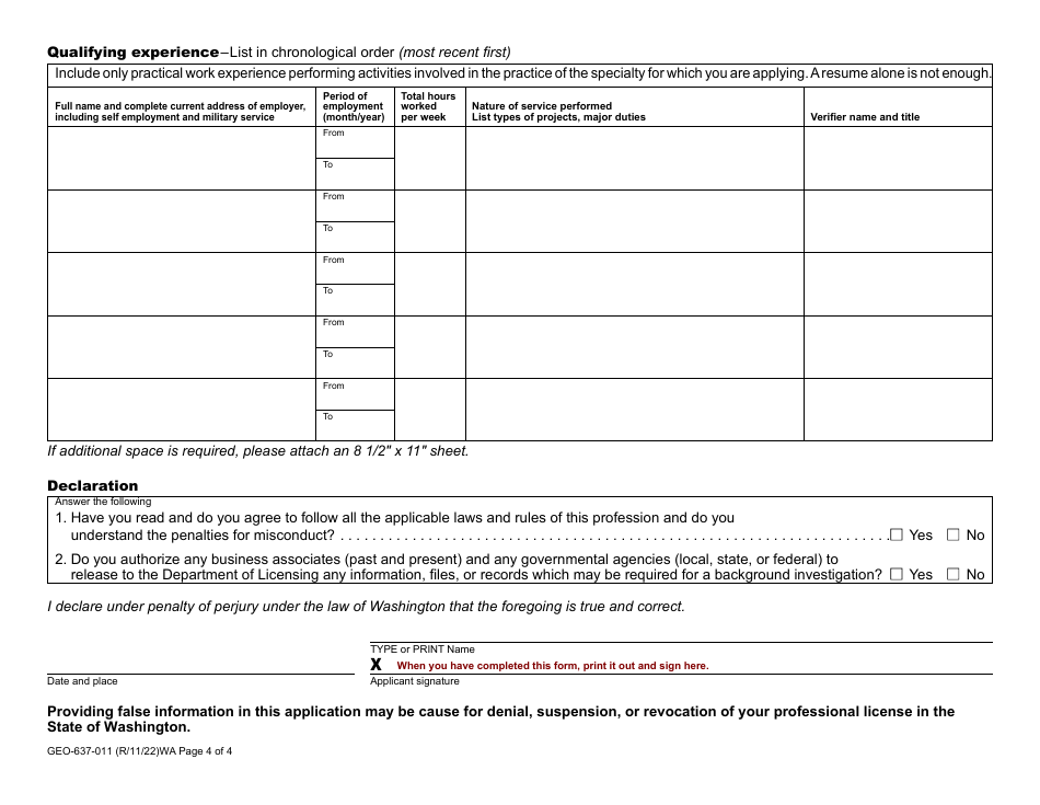 Form GEO-637-011 Geologist Specialty License Application (Engineering and / or Hydrogeologist) - Washington, Page 4
