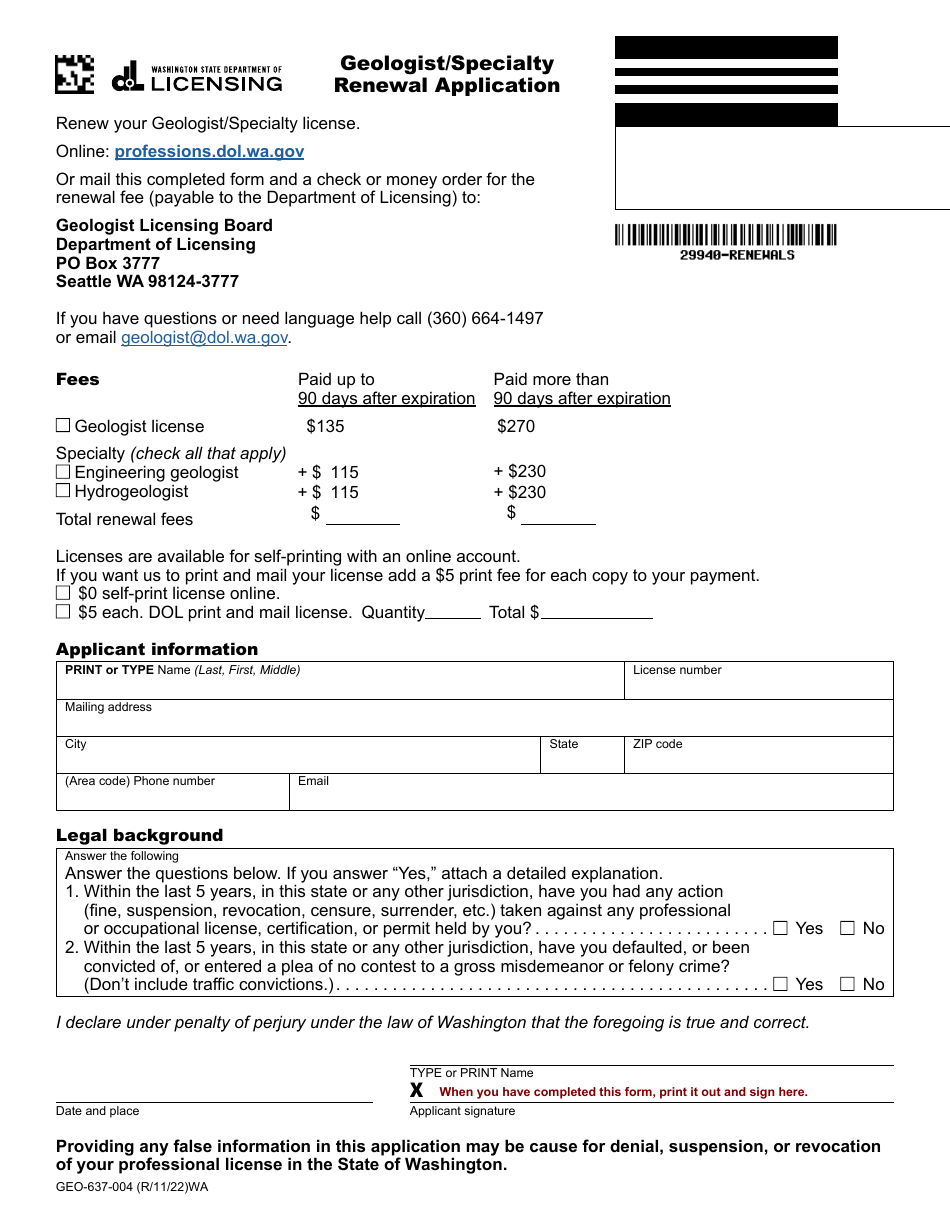 Form GEO-637-004 Geologist / Specialty Renewal Application - Washington, Page 1