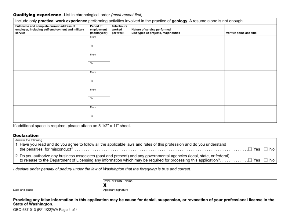 Form GEO-637-013 Geologist-In Training to Geologist License Application - Washington, Page 4
