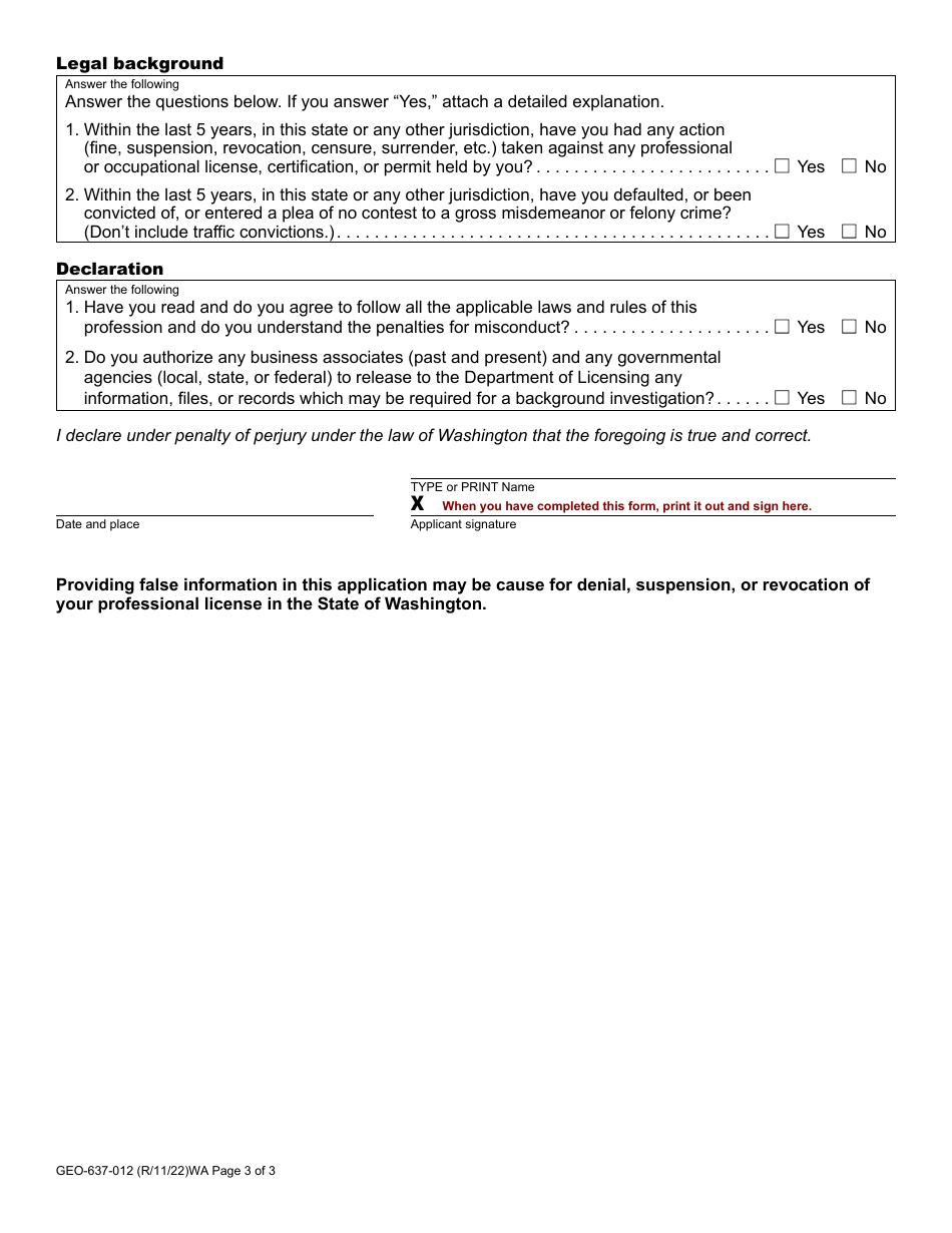 Form GEO-637-012 Geologist-In-training Certificate Application - Washington, Page 3