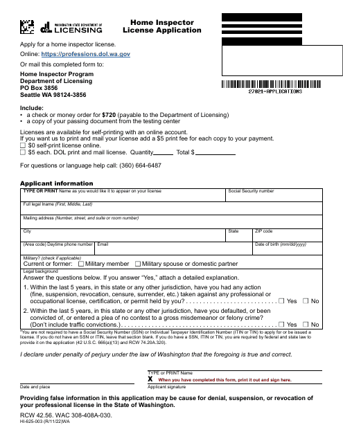 Form HI-625-003 Home Inspector License Application - Washington