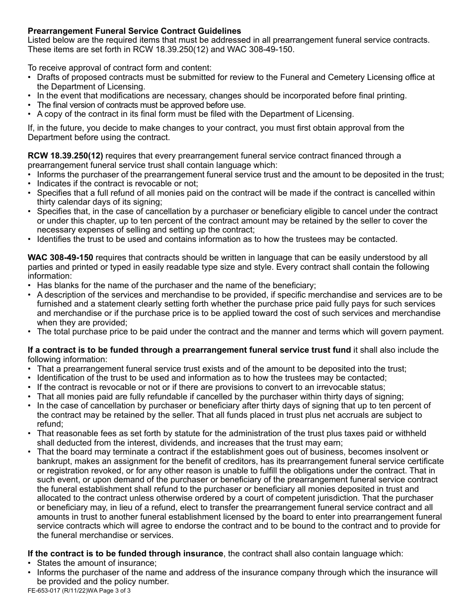 Form FE-653-017 Prearrangement Funeral Registration Application - Washington, Page 3