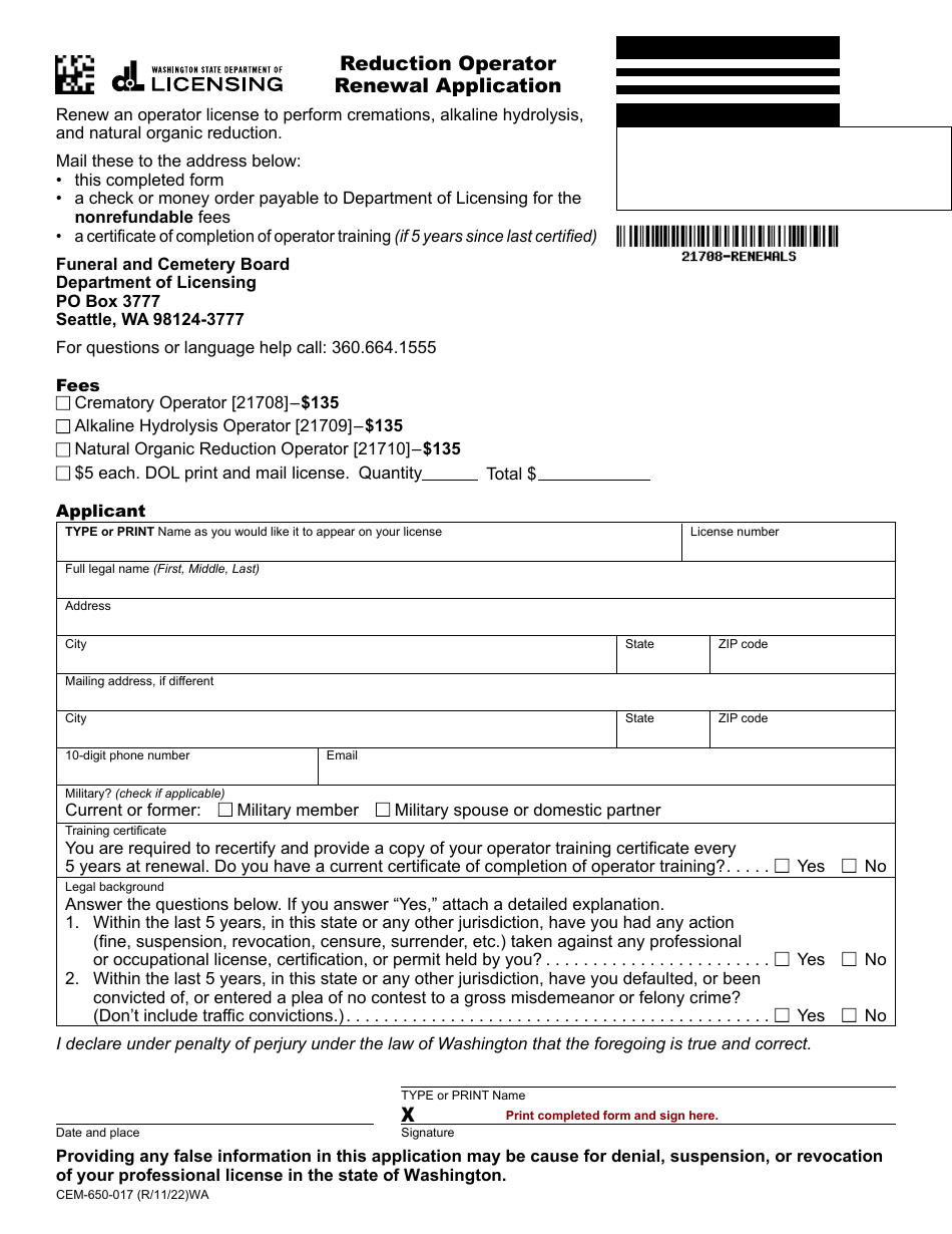 Form CEM-650-017 Reduction Operator Renewal Application - Washington, Page 1