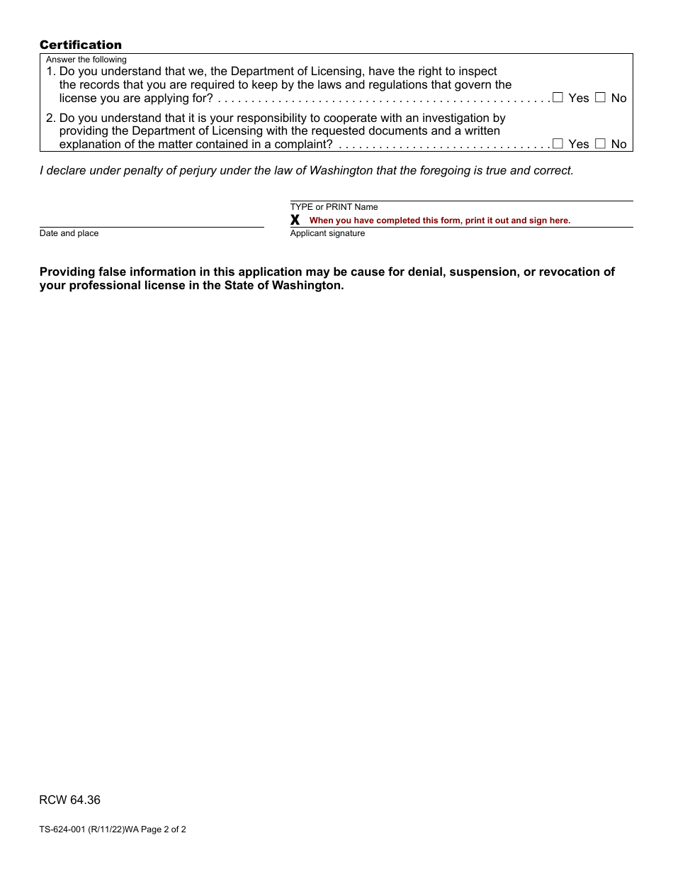 Form TS-624-001 Timeshare Salesperson Registration Application - Washington, Page 2