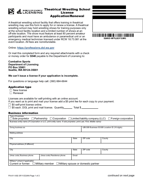 Form PA-611-002 Theatrical Wrestling School License Application/Renewal - Washington