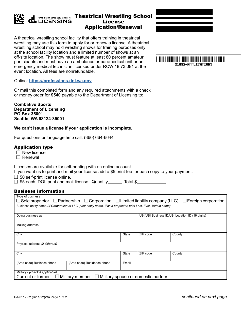 Form PA-611-002 Theatrical Wrestling School License Application / Renewal - Washington, Page 1