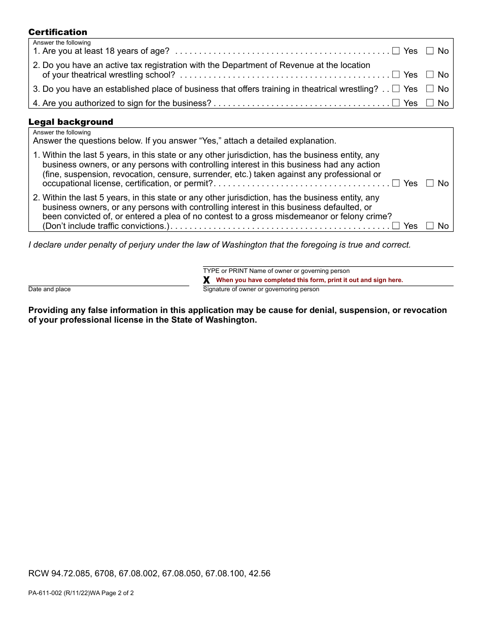 Form PA-611-002 Theatrical Wrestling School License Application / Renewal - Washington, Page 2