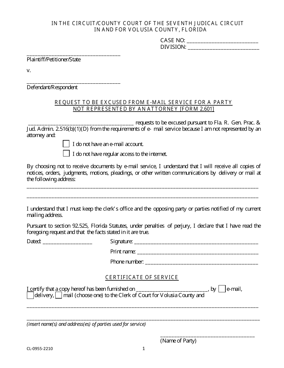 Form 2.601 (CL-0955) Request to Be Excused From E-Mail Service for a Party Not Represented by an Attorney - Volusia County, Florida, Page 1