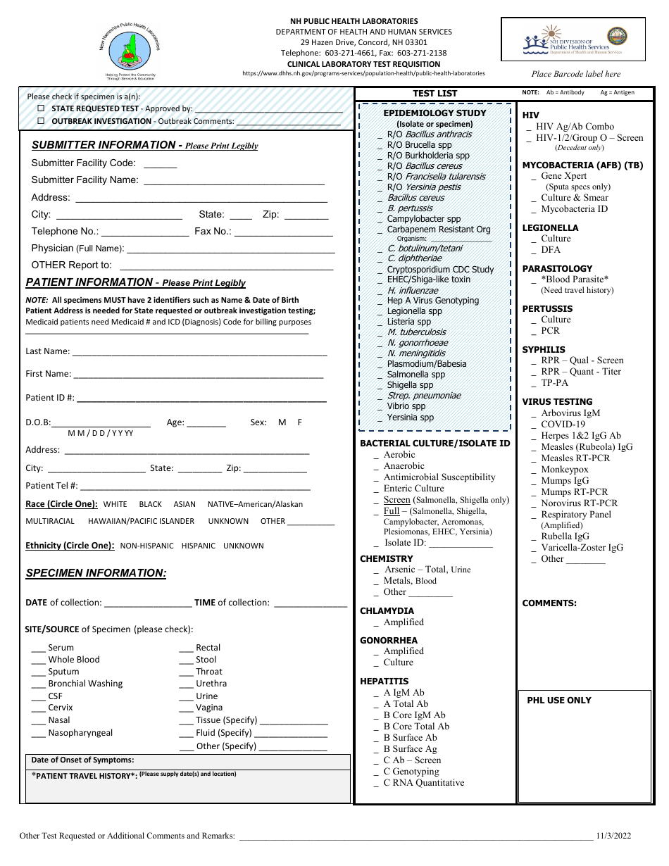 Clinical Laboratory Test Requisition - New Hampshire, Page 1