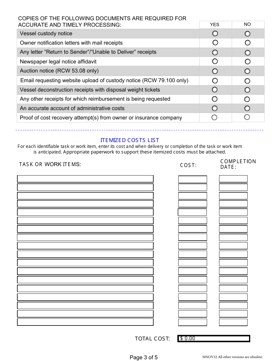 Derelict Vessel Removal Project Application for Reimbursement - Washington, Page 3