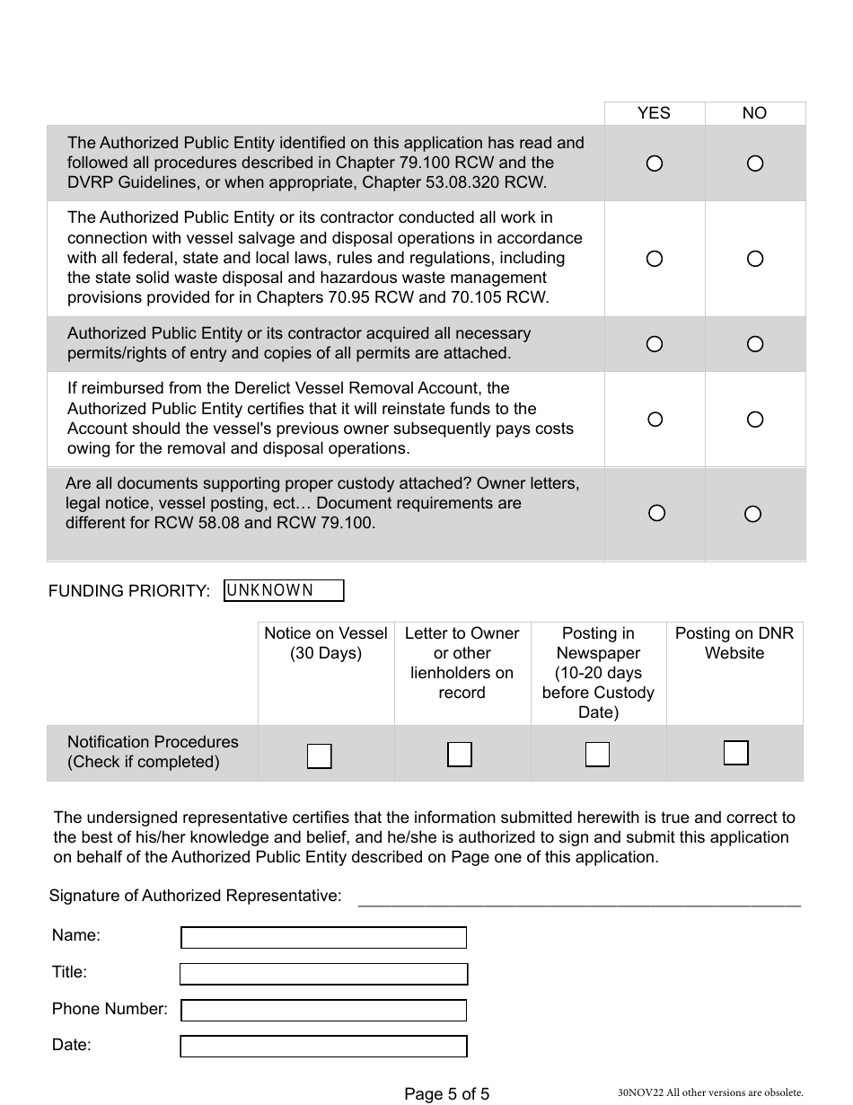 Derelict Vessel Removal Project Application for Reimbursement - Washington, Page 5