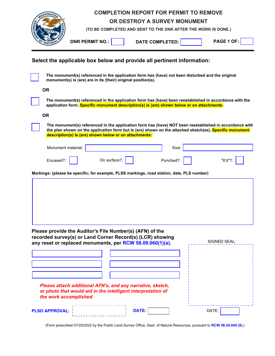 Washington Completion Report for Permit to Remove or Destroy a Survey