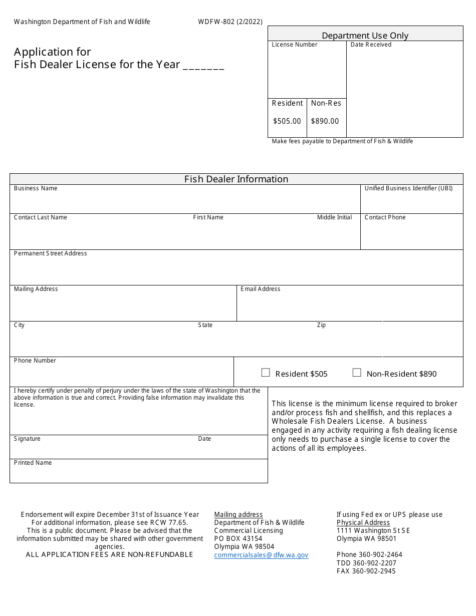 Form WDFW802 Download Fillable PDF or Fill Online Application for Fish