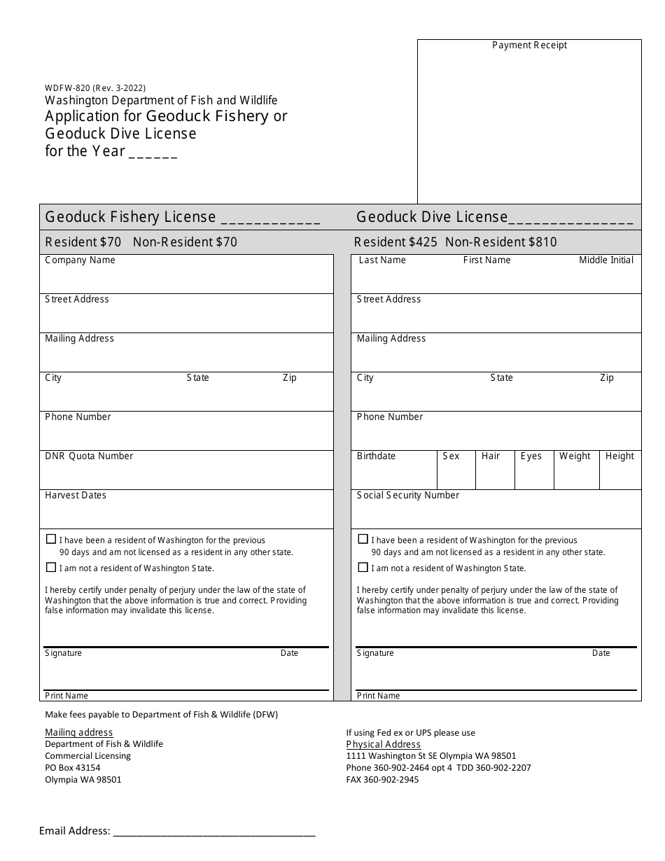 Form WDFW-820 Application for Geoduck Fishery or Geoduck Dive License - Washington, Page 1