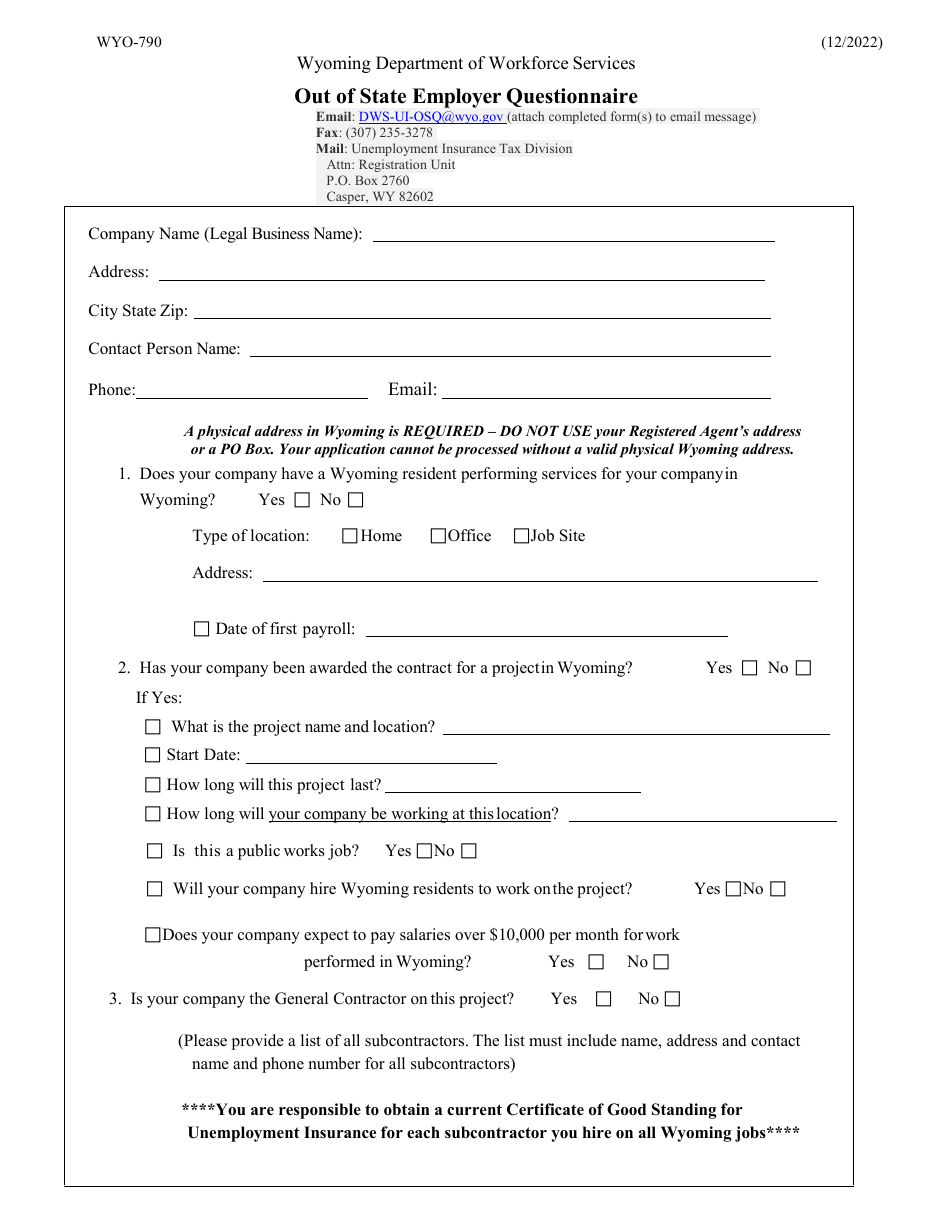 Form WYO-790 Out of State Employer Questionnaire - Wyoming, Page 1
