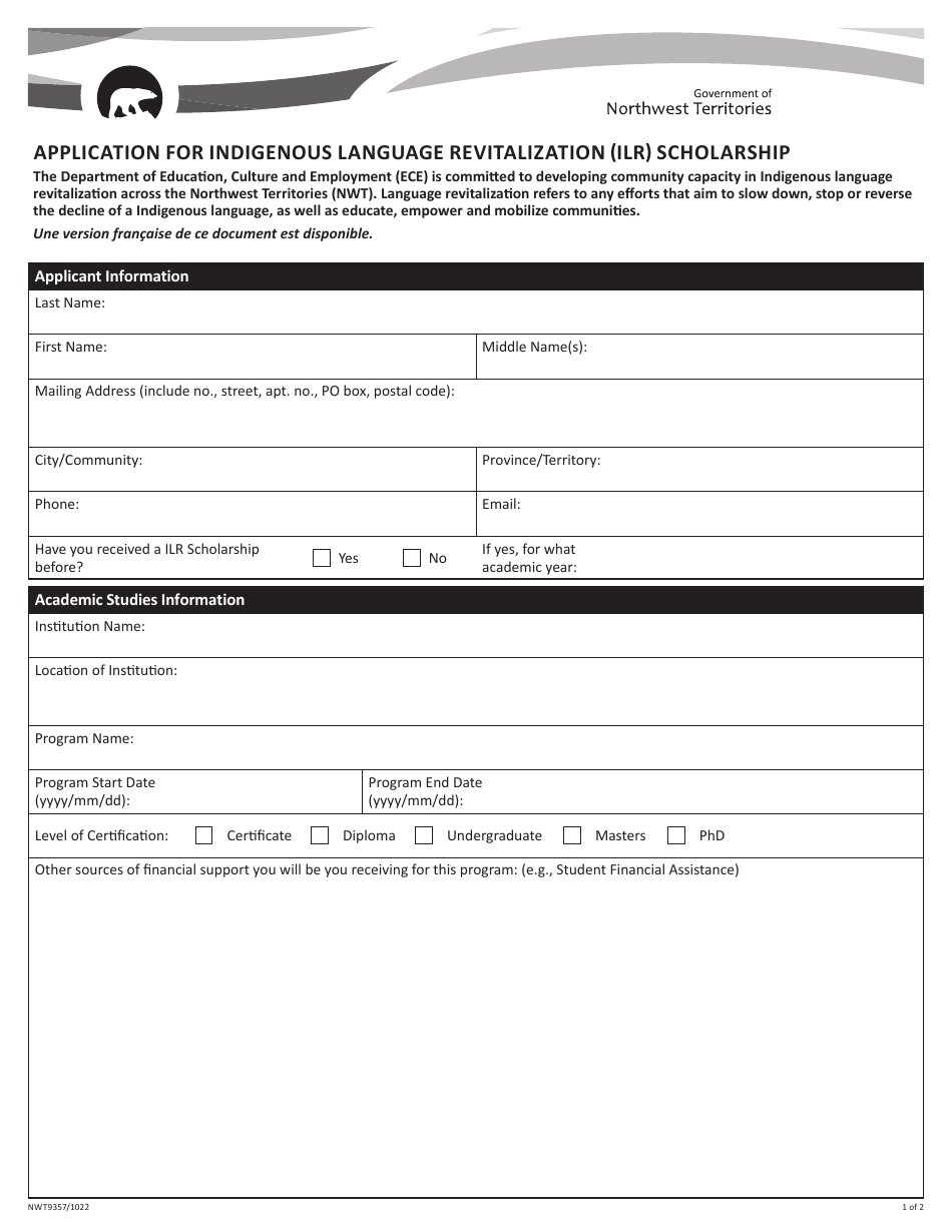 Form NWT9357 Application for Indigenous Language Revitalization (Ilr) Scholarship - Northwest Territories, Canada, Page 1