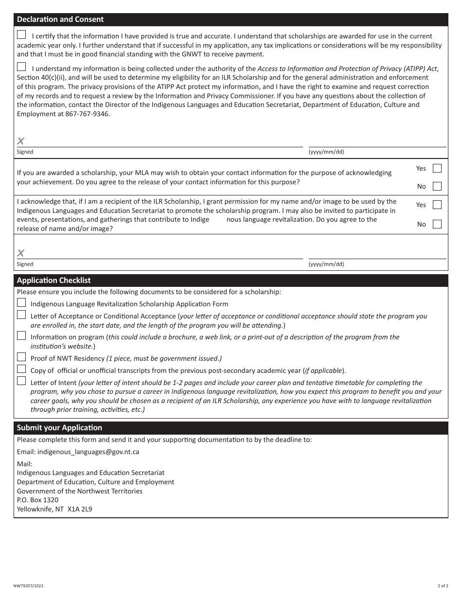 Form NWT9357 Application for Indigenous Language Revitalization (Ilr) Scholarship - Northwest Territories, Canada, Page 2