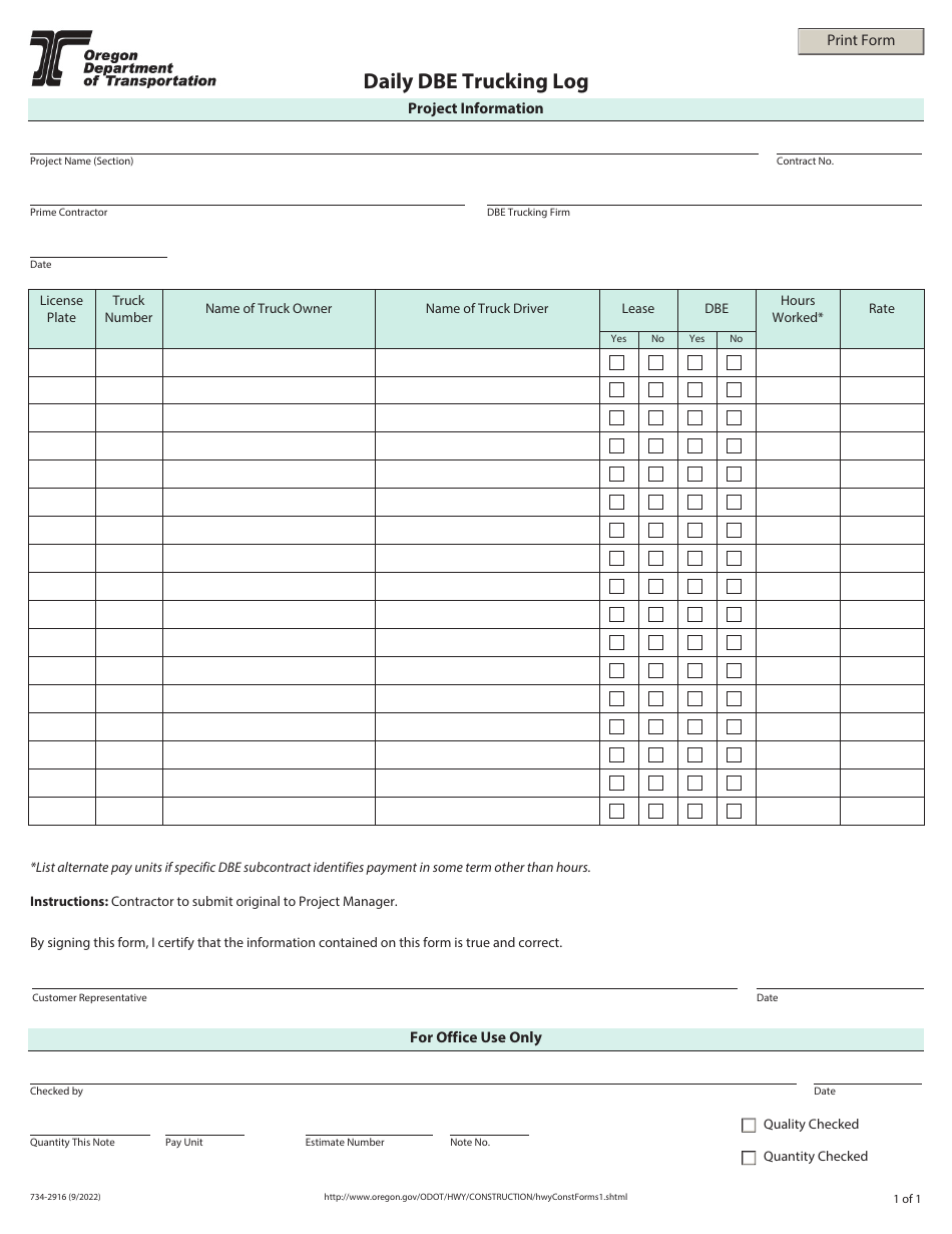 Form 734-2916 Daily Dbe Trucking Log - Oregon, Page 1