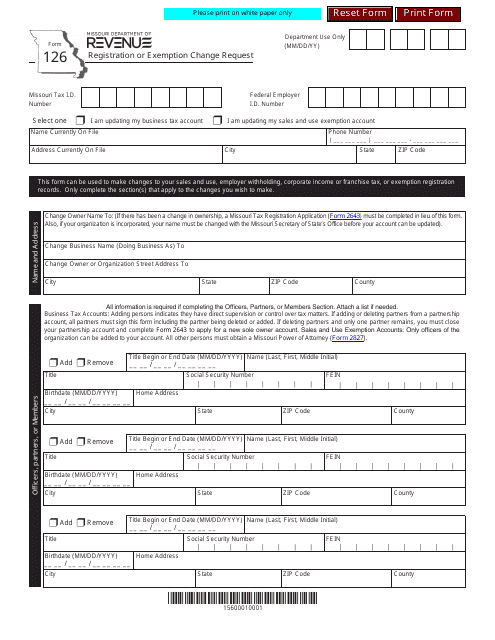 Form 126 Registration or Exemption Change Request - Missouri