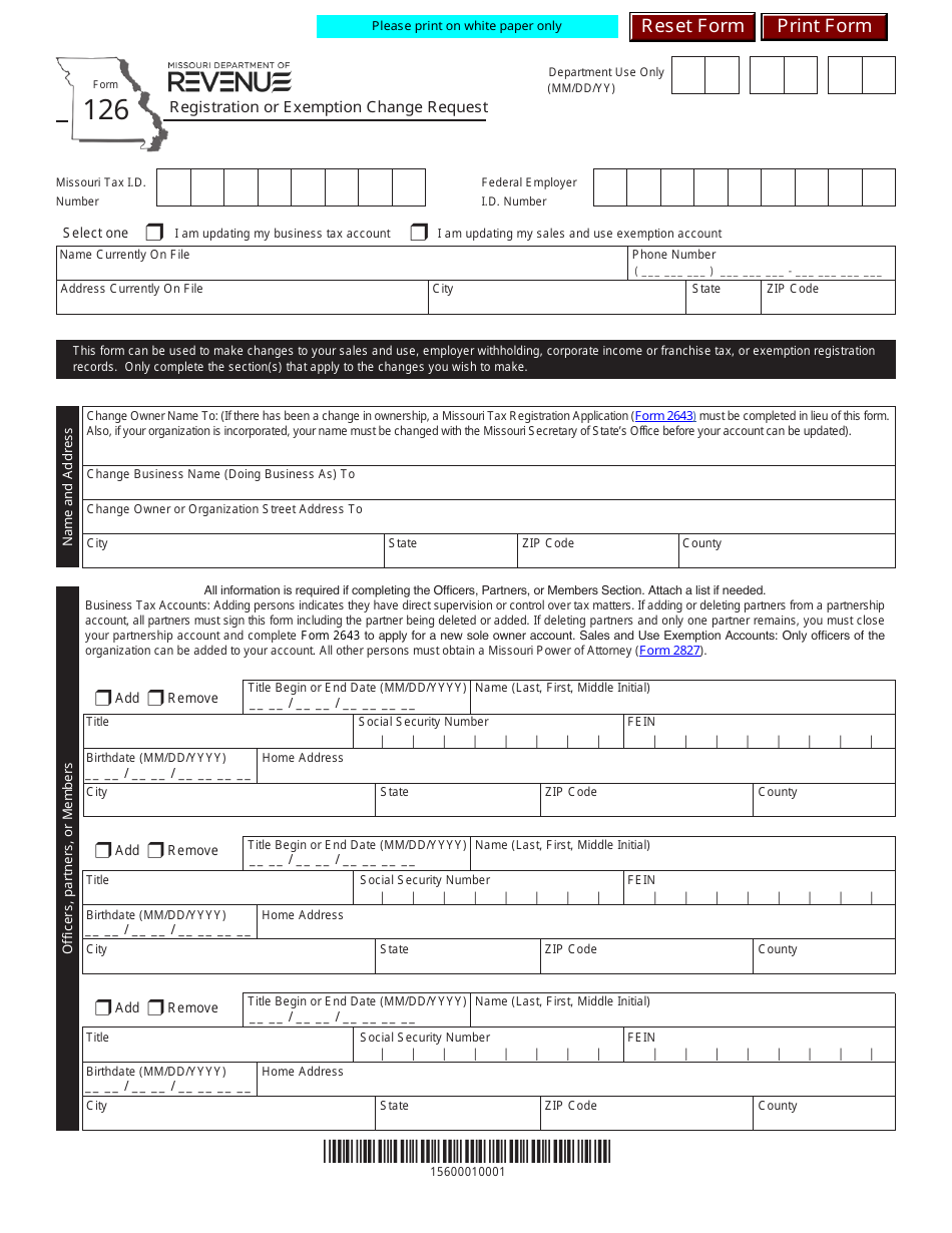 Form 126 Registration or Exemption Change Request - Missouri, Page 1