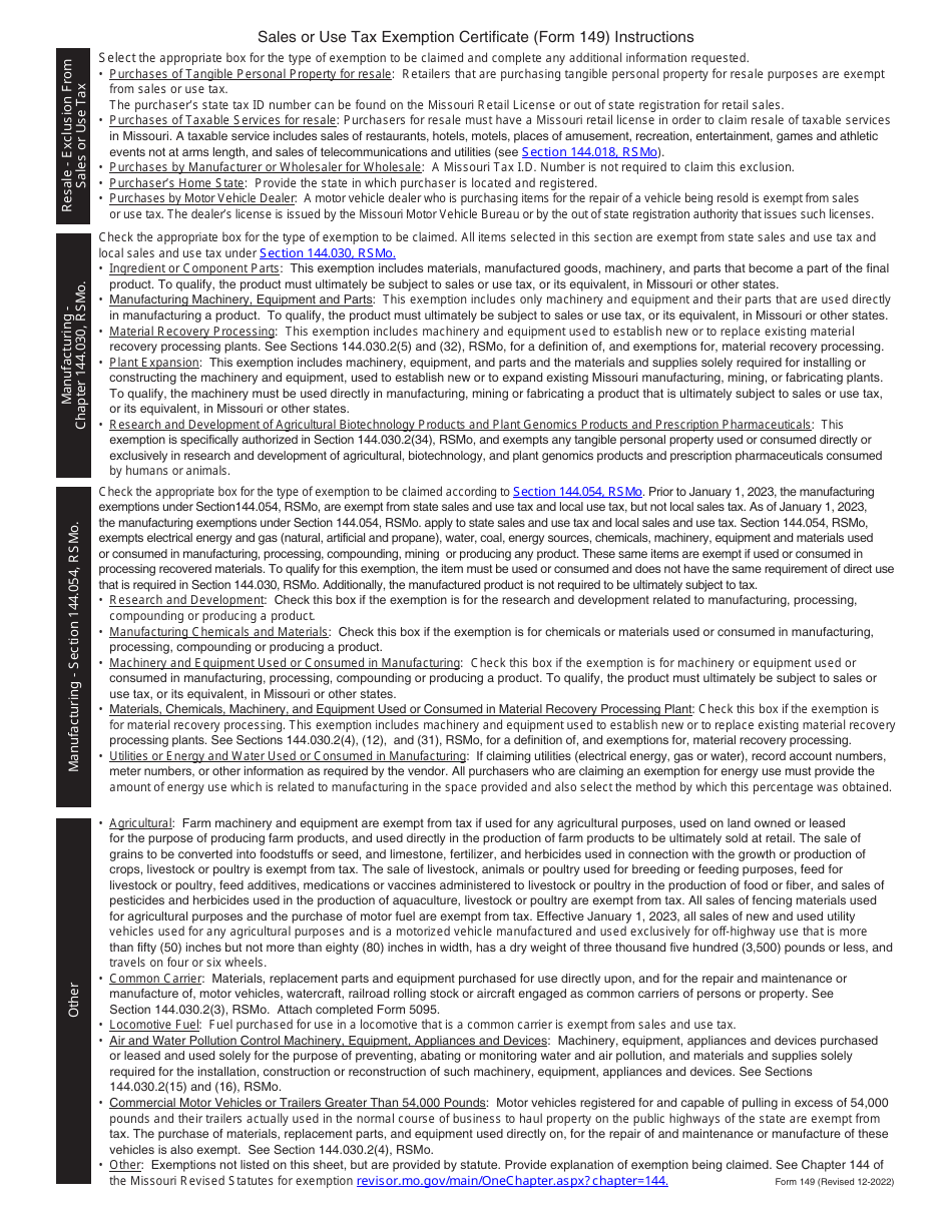 Form 149 Download Fillable Pdf Or Fill Online Sales And Use Tax Exemption Certificate Missouri 8212