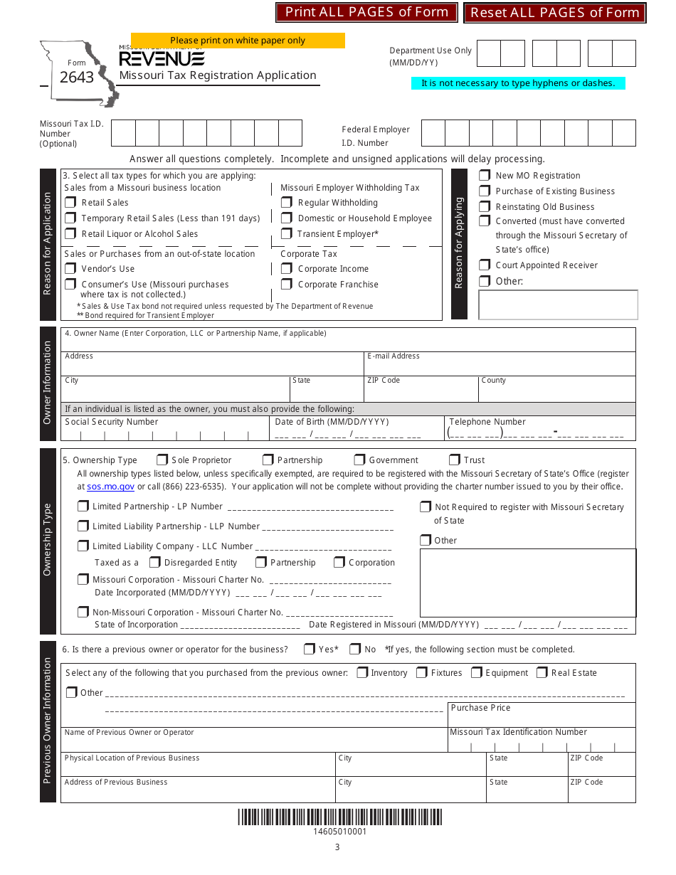 Form 2643 Missouri Tax Registration Application - Missouri, Page 5