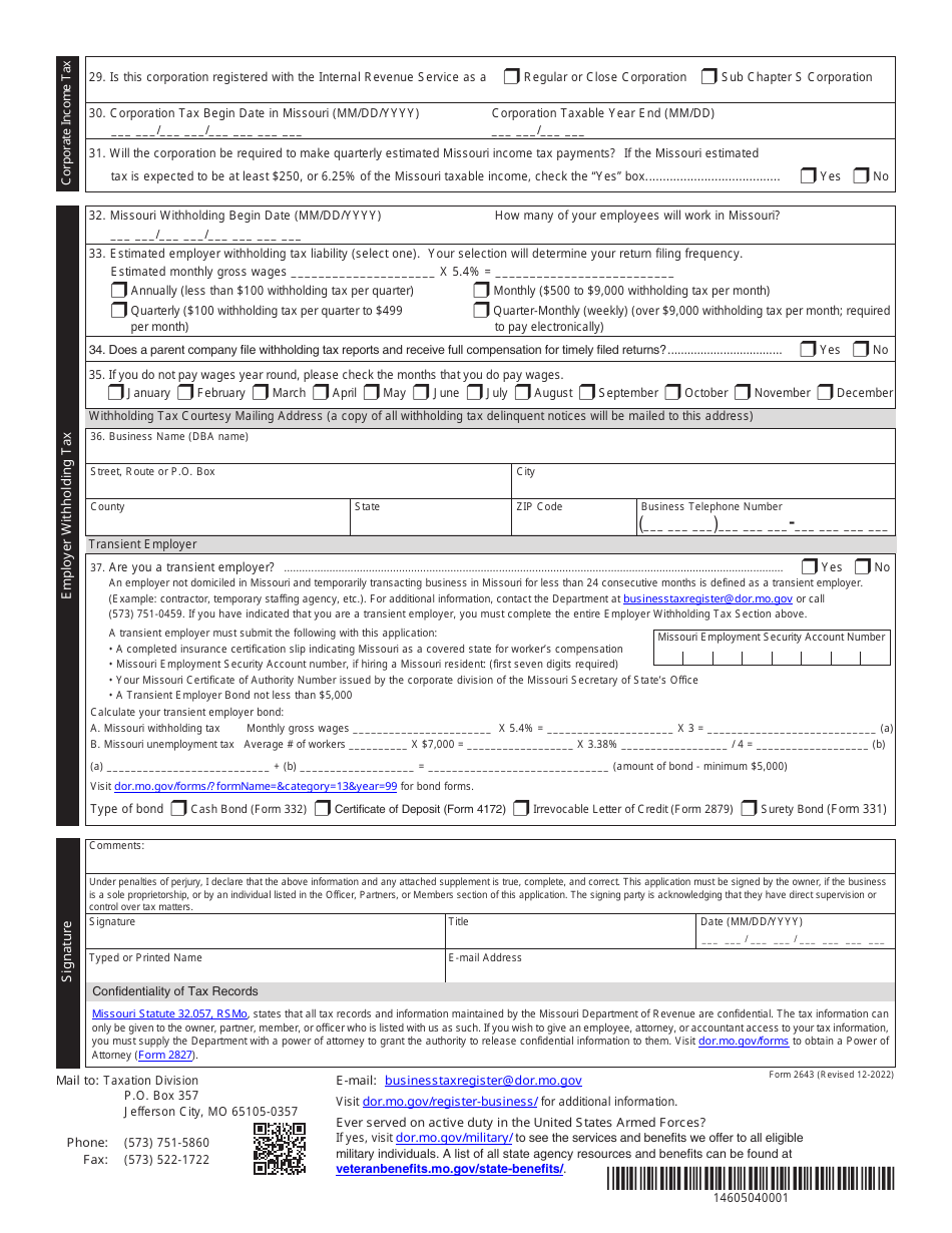 Form 2643 Missouri Tax Registration Application - Missouri, Page 8